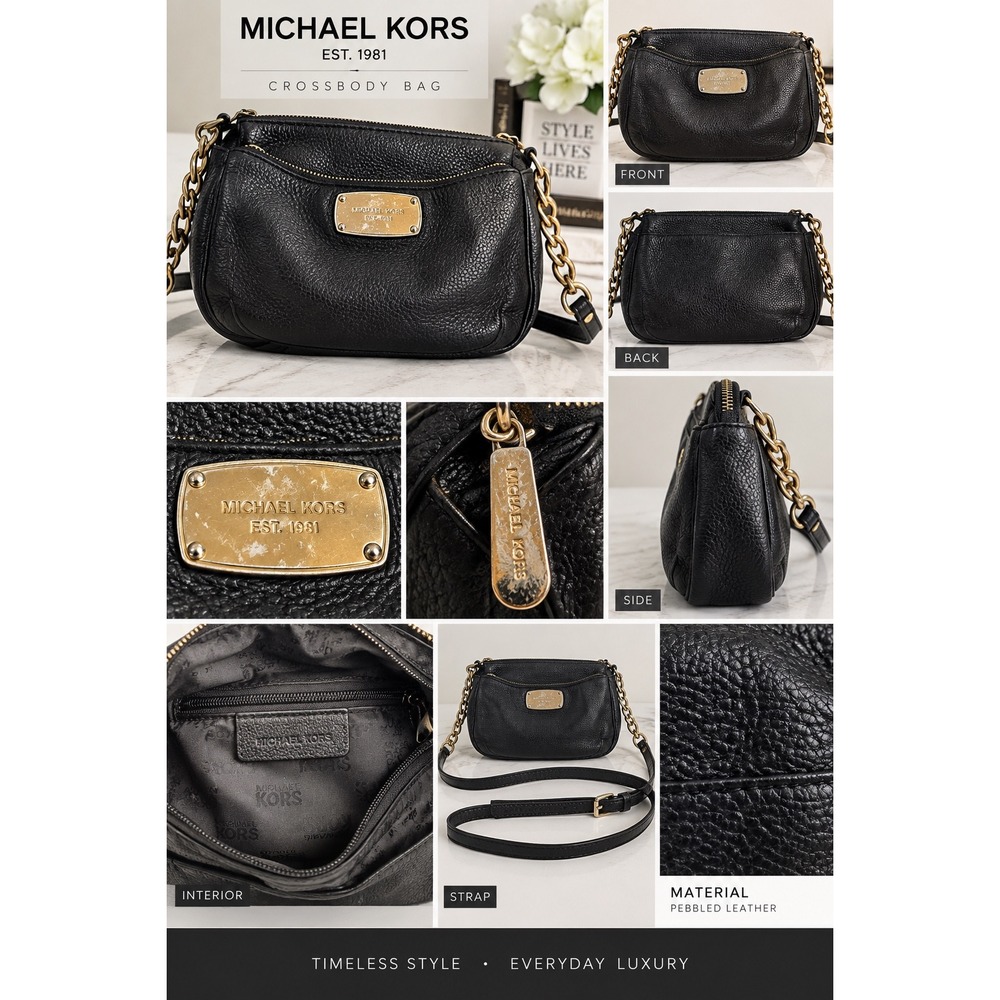 Michael Kors Black Pebbled Leather Crossbody Bag Gold Chain Strap